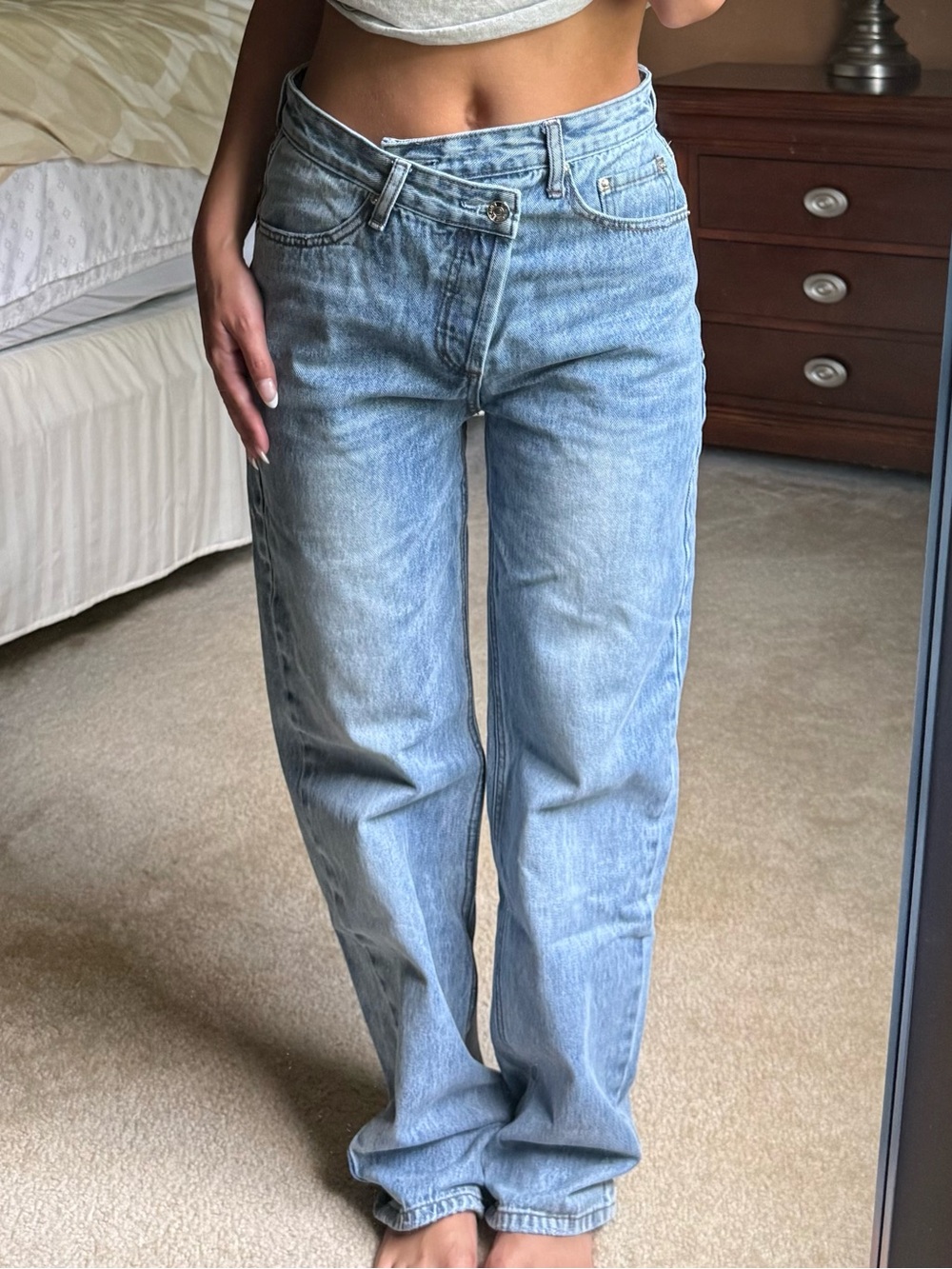 Edikted Light Blue High-Rise Asymmetrical Straight Leg Jeans